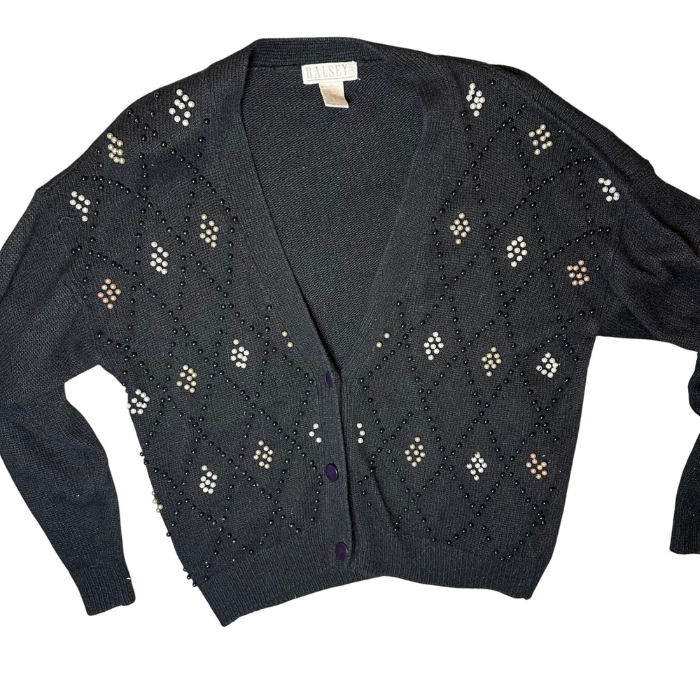 Ralsey VTG Black Silk Angora Beaded Pearl Argyle Cardigan Sweater Whimsigoth L